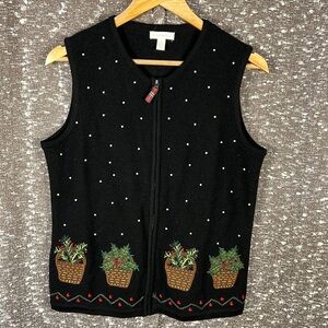 Charter Club Wool Zip Front Sweater Vest Size M Black Red Christmas Trees Pearls